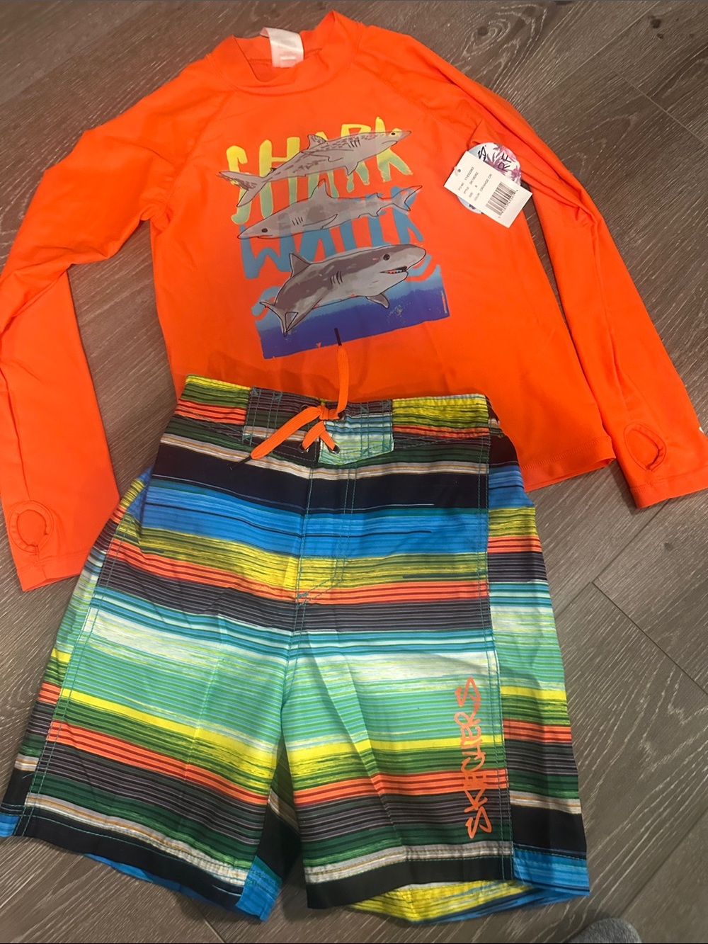 Skechers Orange Long-Sleeve Shark Rashguard with Multicolor Striped Boardshorts